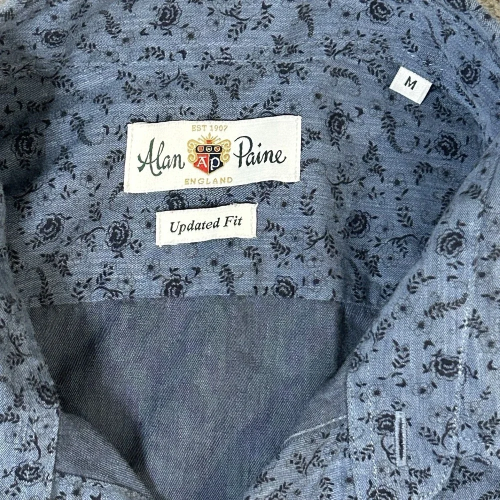 Alan‎ Paine England Men's M Blue Floral Cotton Button Down Shirt Updated Fit - Picture 2 of 6